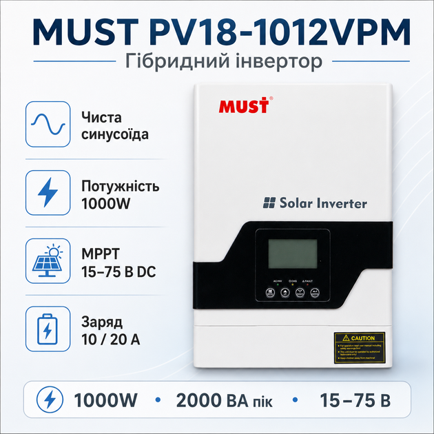 Гібридний інвертор із чистою синусоїдою Must PV18-1012VPM 1 фаза 1 кВт 12 В 60A WiFi RS-485 White - зображення 2