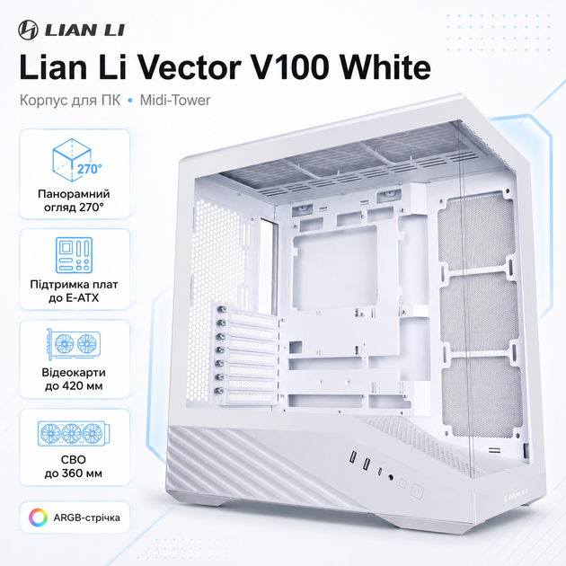Корпус для ПК Lian Li Vector V100 Midi-Tower без БП E-ATX/ATX/MicroATX/Mini-ITX ARGB White (G99.V100W.01) - изображение 2