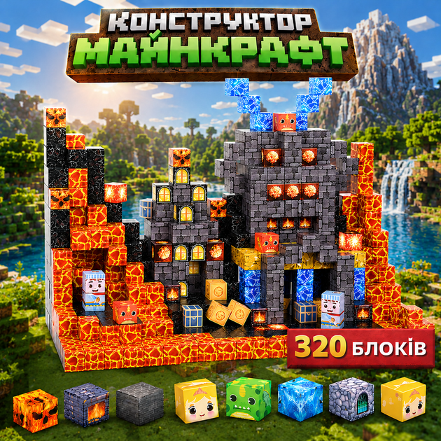 Магнітний конструктор Майнкрафт 320 блоків з сюжетом, Minecraft набір для дітей 320 кубиків, розвиваюча іграшка на подарунок - Фото 1 Магнітний конструктор Майнкрафт 320 блоків з сюжетом, Minecraft набір для дітей 320 кубиків, розвиваюча іграшка на подарунок - зображення 1