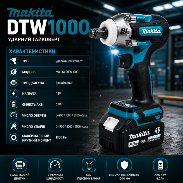Бесщеточный ударный гайковерт Makita DTW1000 / 1000Hm (48 В, 6 Ач) - Фото 5 Бесщеточный ударный гайковерт Makita DTW1000 / 1000Hm (48 В, 6 Ач) - изображение 5