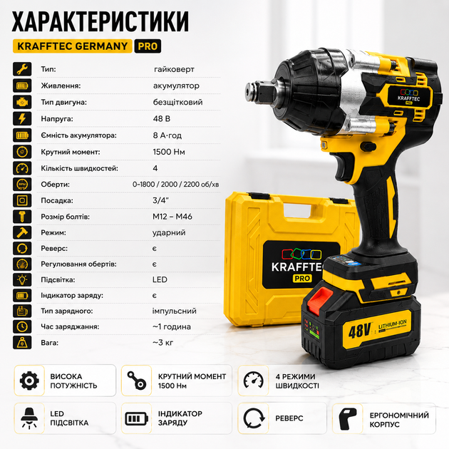Акумуляторний гайковерт Krafftec Germany PRO, 48V 8Ah - зображення 4