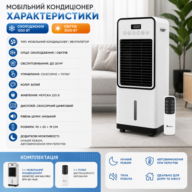 Мобільний кондиціонер 3в1 з обігрівом та охолодженням Domotec Air Max Pro BFX-8D-1668 - зображення 4