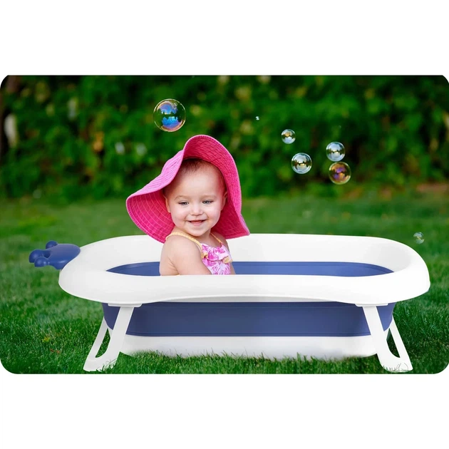 Складна дитяча ванночка Ricokids RK-280 з подушкою та термодатчиком 82×50 см Біло-синя - зображення 6