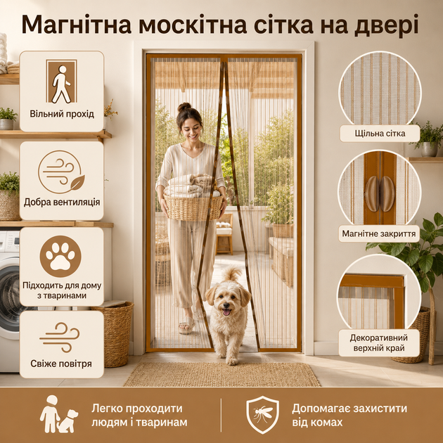 Антимоскітна магнітна сітка на двері 100×210 см із автоматичним закриттям - изображение 2