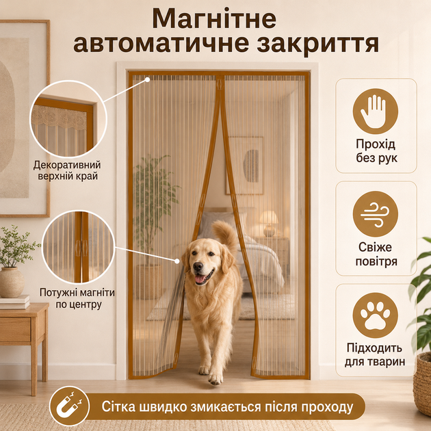 Антимоскітна магнітна сітка на двері 100×210 см із автоматичним закриттям - изображение 5