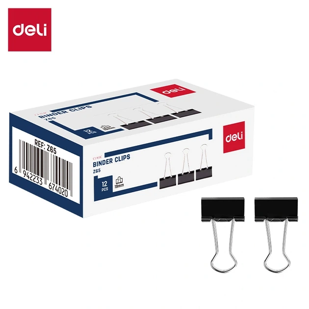 Біндери Deli Classic EZ65 19 мм 12 шт Чорний - Фото 1 Біндери Deli Classic EZ65 19 мм 12 шт Чорний - зображення 1