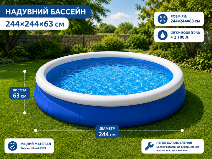 Бассейн надувной семейный круглый 244×244×63 см с мягкими бортами, ПВХ, синий - изображение 4