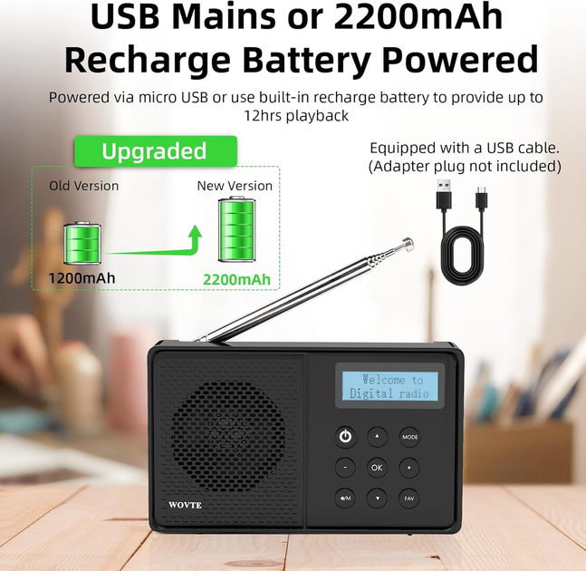 Портативний цифровий радіоприймач WOVTE DAB/DAB+/FM з Bluetooth акумуляторний кишеньковий міні приймач Чорний - зображення 4