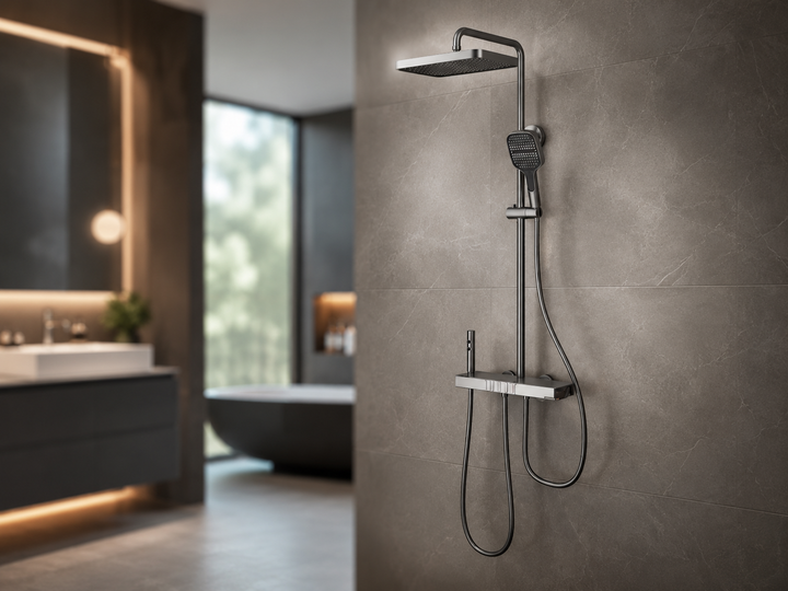 Душова система зі змішувачем Faucet CR25-HT028 метал верхній і ручний душ настінна графітова - зображення 5