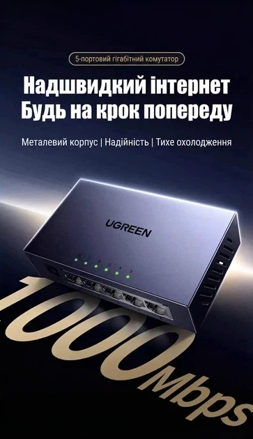 Комутатор UGREEN 5-портовий Gigabit Ethernet Switch в алюмінієвому корпусі (CM933) - Фото 10 Комутатор UGREEN 5-портовий Gigabit Ethernet Switch в алюмінієвому корпусі (CM933) - зображення 10
