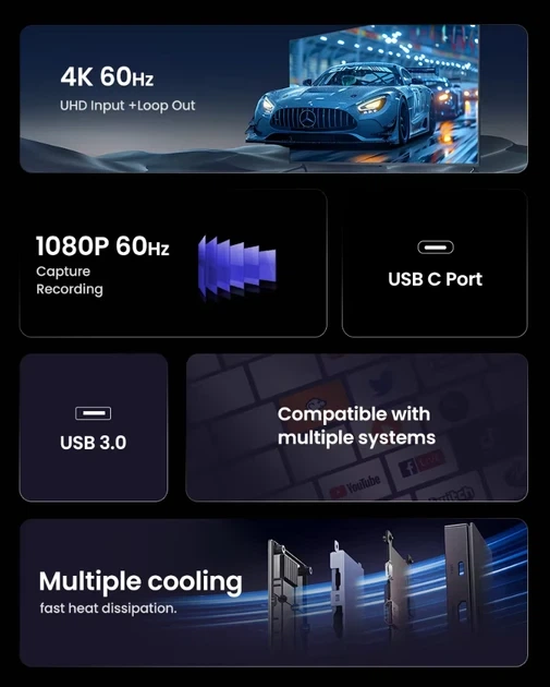 Карта захвата видео UGREEN HDMI to USB/USB-C 4K Full HD 2K 30 Гц 1080p 60 кадров в секунд Black (CM630) - Фото 3 Карта захвата видео UGREEN HDMI to USB/USB-C 4K Full HD 2K 30 Гц 1080p 60 кадров в секунд Black (CM630) - изображение 3