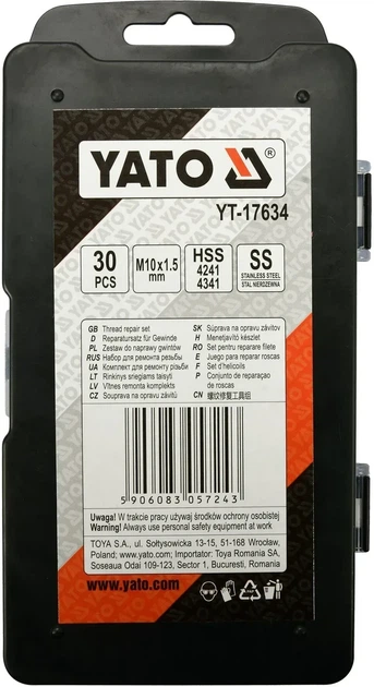 Набір для ремонту різьби YATO M10 x 1.5 мм HSS 4241/4341 30 шт YT-17634 - Фото 3 Набір для ремонту різьби YATO M10 x 1.5 мм HSS 4241/4341 30 шт YT-17634 - зображення 3