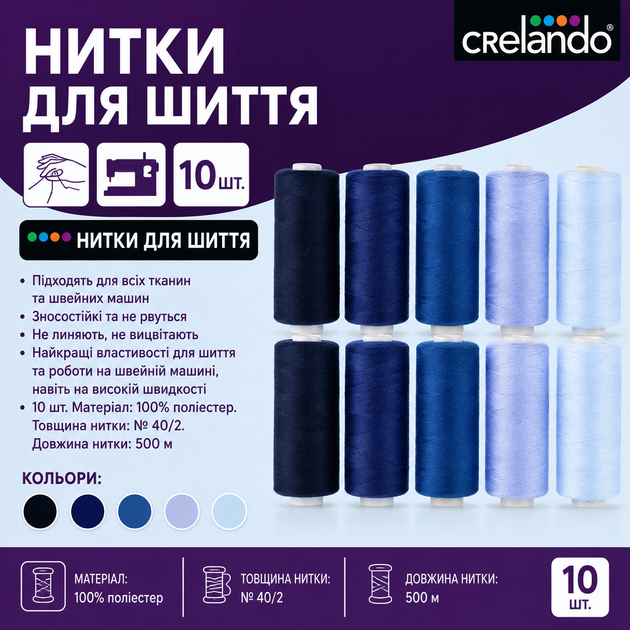 Набор универсальных швейных ниток crelando® SE-blue 10 шт × 500 м - Фото 2 Набор универсальных швейных ниток crelando® SE-blue 10 шт × 500 м - изображение 2