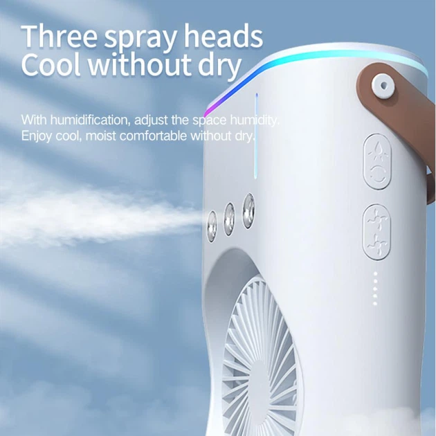 Настольный вентилятор-увлажнитель Double Spray Fan LED двойной аккумуляторный 3 скорости пульт ДУ подсветка регулировка наклона для дома офиса улицы Белый - изображение 6