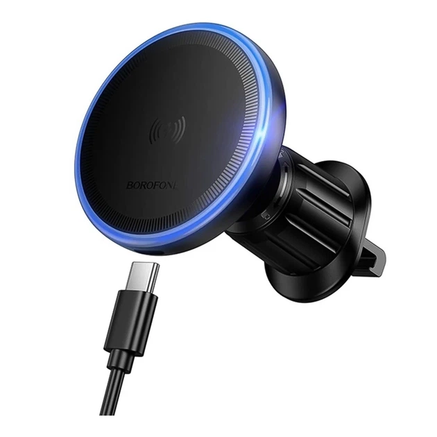 Автодержатель Borofone BH224 Flash в дефлектор, магнитное крепление с беспроводной зарядкой MagSafe мощностью до 15W для iPhone, вращение на 360° кабель Type-C в комплекте Black - изображение 2