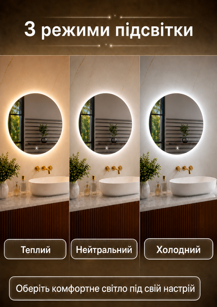 Дзеркало з LED підсвіткою для вітальні настінне кругле дзеркало для макіяжу косметичне 49х49см Asans - зображення 2