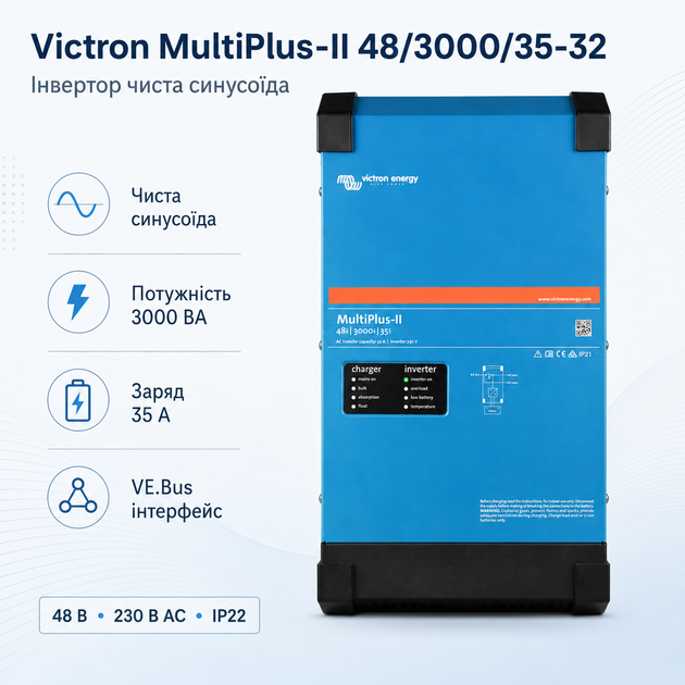 Інвертор із чистою синусоїдою Victron Energy MultiPlus-II 48/3000/35-32 1 фаза 2.4 кВт 35А Синій - зображення 2