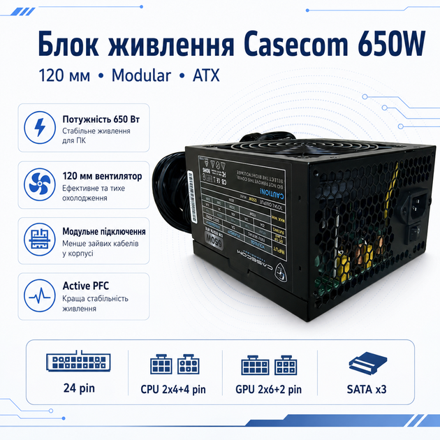 Блок питания Casecom 650W ATX Modular с вентилятором 120 мм активная PFC Box (CM 650FM ATX) - изображение 2