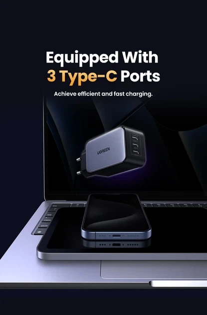 Зарядний пристрій UGREEN X556 65W GaN Fast Charger 3-Port USB-C PD/QC для ноутбука, смартфона та планшета - зображення 5