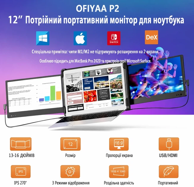 Монітор портативний сенсорний 12" OFIYAA P2 Full HD IPS 60 Гц b1 - Уцінка - зображення 2