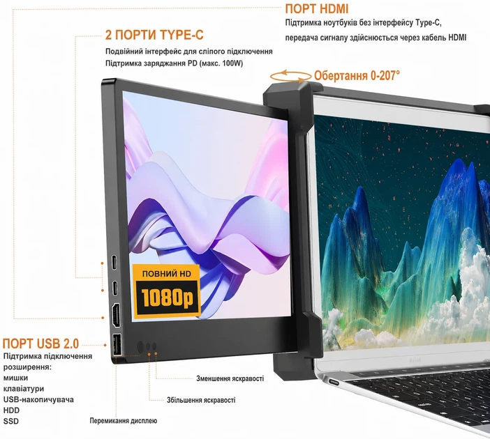 Монітор портативний сенсорний 12" OFIYAA P2 Full HD IPS 60 Гц b1 - Уцінка - зображення 3