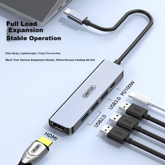 Розширювальна док-станція UNITEK Type-C на HDMI-перехідник, швидка зарядка PD, концентратор USB-C, сумісний з Apple MacBook Neo, комп'ютерами Huawei, телефонами, планшетами, USB-адаптером - Фото 4 Розширювальна док-станція UNITEK Type-C на HDMI-перехідник, швидка зарядка PD, концентратор USB-C, сумісний з Apple MacBook Neo, комп'ютерами Huawei, телефонами, планшетами, USB-адаптером - зображення 4