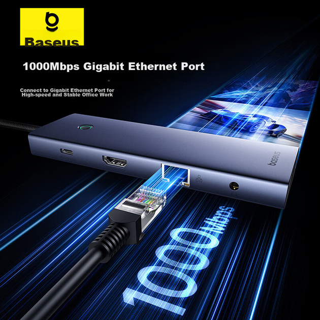 Док-станція розширення Baseus, зарядний розгалужувач-хаб Type-C, порт Gigabit Ethernet, дублювання екрана 4K 60 Гц, зчитувач карт пам'яті PD 100 Вт, універсальний Thunderbolt 4, сумісний з комп'ютерами Apple та Huawei - изображение 6