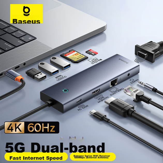 Док-станція розширення Baseus, зарядний розгалужувач-хаб Type-C, порт Gigabit Ethernet, дублювання екрана 4K 60 Гц, зчитувач карт пам'яті PD 100 Вт, універсальний Thunderbolt 4, сумісний з комп'ютерами Apple та Huawei - изображение 10
