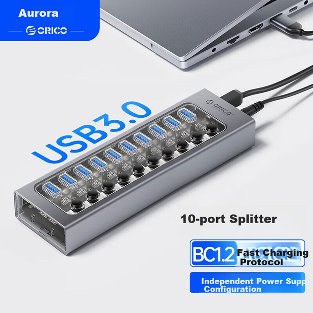 Хаб ORICO AT2U3-10 USB 3.0 на 10 портів з вимикачами та блоком живлення 12 В 4 А - Фото 4 Хаб ORICO AT2U3-10 USB 3.0 на 10 портів з вимикачами та блоком живлення 12 В 4 А - зображення 4