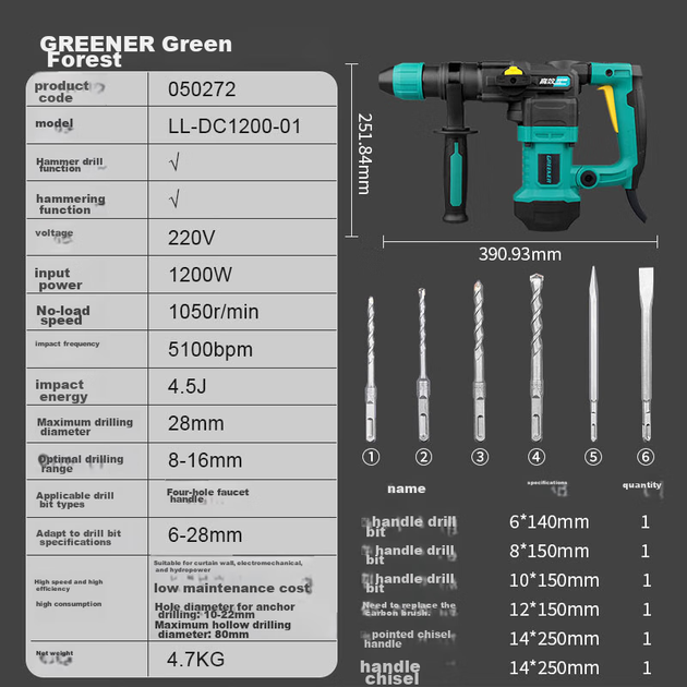 Электрический молоток и отбойный молоток GREENER, ударная дрель, двухвальный промышленный, мощностью 1680 Вт, муфта для сверления бетона. - изображение 5