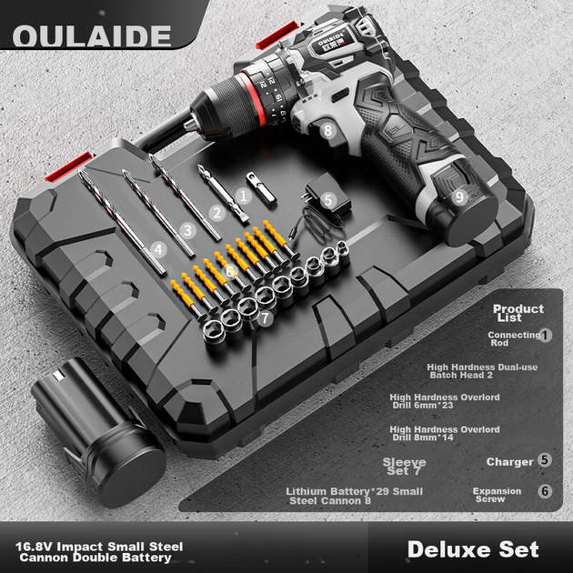 Ударная бесщеточная электрическая дрель Oulaide 16,8 В, мощная перезаряжаемая литиевая батарея, электрическая отвертка, электроинструмент - изображение 6