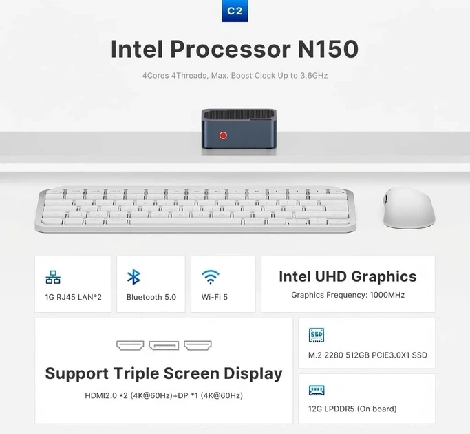Мини ПК ORiGiMaGiC C2 / Intel N150 / RAM 12GB / SSD 512GB / 2 x HDMI / 2 x LAN / Wi-Fi 5 / Bluetooth 5.0 / Windows 11 / Чёрный (101920767) - Фото 5 Мини ПК ORiGiMaGiC C2 / Intel N150 / RAM 12GB / SSD 512GB / 2 x HDMI / 2 x LAN / Wi-Fi 5 / Bluetooth 5.0 / Windows 11 / Чёрный (101920767) - изображение 5