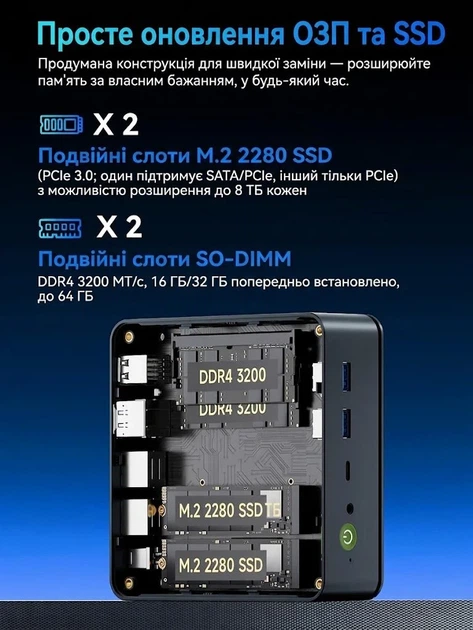 Мини ПК GMKtec Nucbox M5 Plus / AMD Ryzen 7 5825U / RAM 16GB / SSD 512GB / 2 x LAN 2.5G / Wi-Fi 6E / Bluetooth 5.2 / Windows 11 / Серый (101939202) - изображение 3