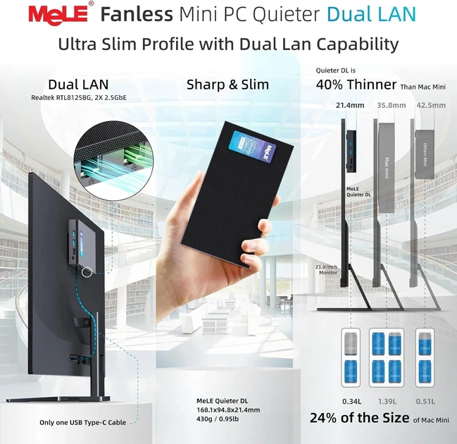 Мини ПК MeLE Quieter DL 41Q / Intel N100 / RAM 4GB / SSD 128GB / Intel UHD Graphics / 2 x HDMI / LAN / Wi-Fi 6 / Bluetooth 5.2 / Windows 11 / Чорный (101920432) - изображение 7