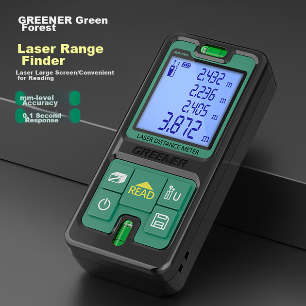 Лазерный дальномер GREENER с инфракрасным датчиком расстояния, электронная измерительная лента, инструмент для измерения расстояния в помещении с точностью до 50 см и двумя горизонтальными пузырьковыми уровнями. - изображение 7