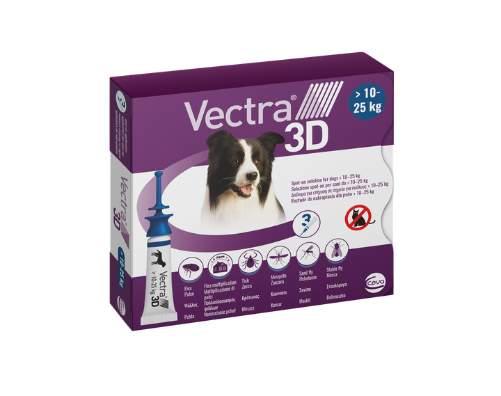 Капли на холку Vectra 3D (Вектра 3D) от внешних паразитов для собак весом от 10 до 25 кг – 3 пипетки/уп по 3.6 мл C17 - Фото 1 Капли на холку Vectra 3D (Вектра 3D) от внешних паразитов для собак весом от 10 до 25 кг – 3 пипетки/уп по 3.6 мл C17 - изображение 1