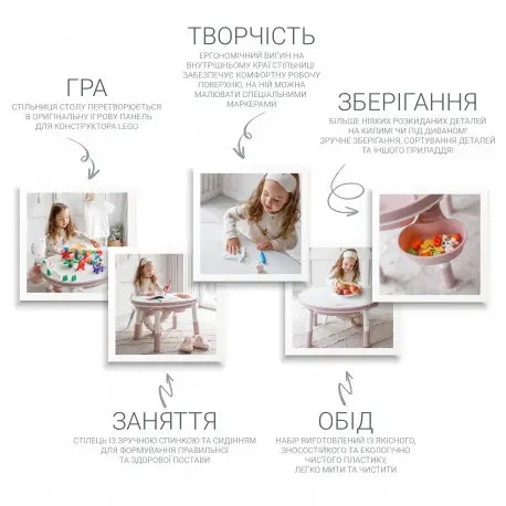 Дитячий столик зі стільчиком Мультиплей 5 в 1 для навчання, творчості, гри з піском, водою, з лего поверхнею, регульована висота, колір рожевий з білим( 8830-Pink) вік від 3 до 8 років - зображення 2