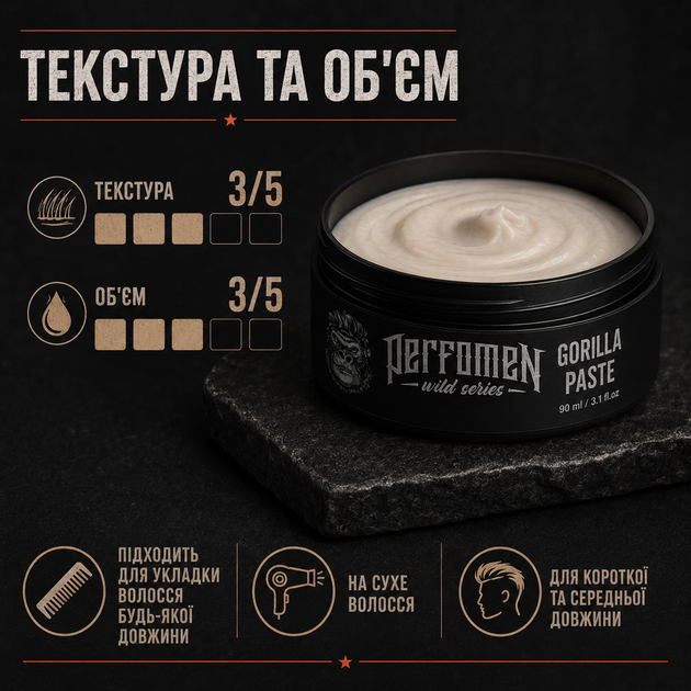 Паста для укладки волосся PerfomeN Paste Gorilla 90 мл на водній основі середньо-сильна фіксація для будь-якої довжини - Фото 3 Паста для укладки волосся PerfomeN Paste Gorilla 90 мл на водній основі середньо-сильна фіксація для будь-якої довжини - зображення 3