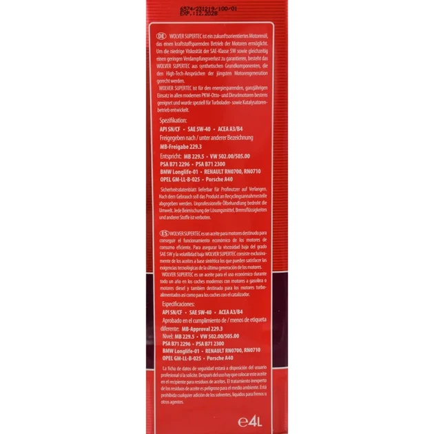 Олива моторна Wolver SuperTec 5W-40 (4л.) - зображення 3