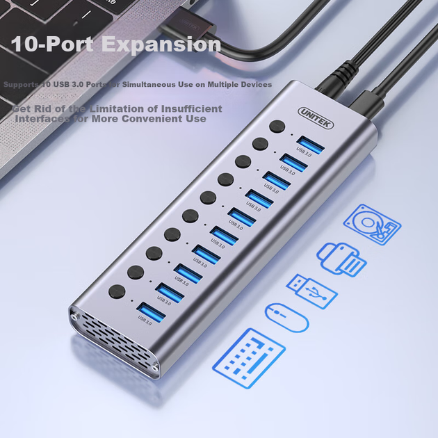UNITEK USB 3.0 хаб, високошвидкісний 10-портовий розширювач, концентратор-хаб з блоком живлення, один перемикач керування, комп'ютерний інтерфейс, адаптер для док-станції з одним USB-портом H1315A - зображення 4