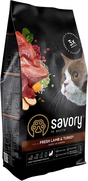 Сухий корм для котів з чутливим травленням Savory Adult Cat Sensitive Digestion Fresh Lamb and Turkey зі свіжим м’ясом ягняти та індичкою, 400г - Фото 1 Сухий корм для котів з чутливим травленням Savory Adult Cat Sensitive Digestion Fresh Lamb and Turkey зі свіжим м’ясом ягняти та індичкою, 400г - зображення 1