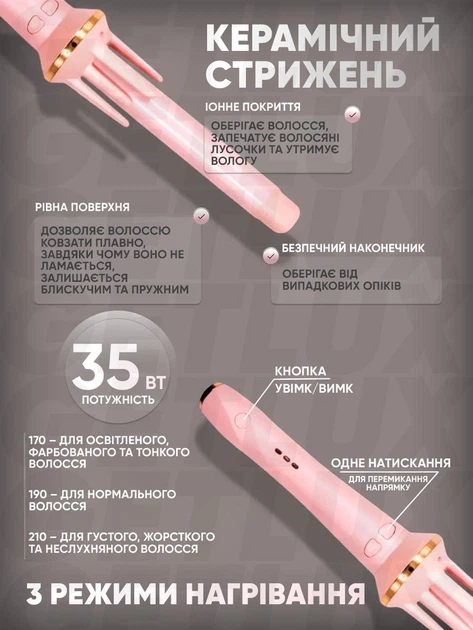 Плойка для волосся автоматична для локонів стайлер професійний з регулюванням температури з турмаліновим покриттям 28 мм для швидкої завивки накрутки кучерів хвиль - изображение 2