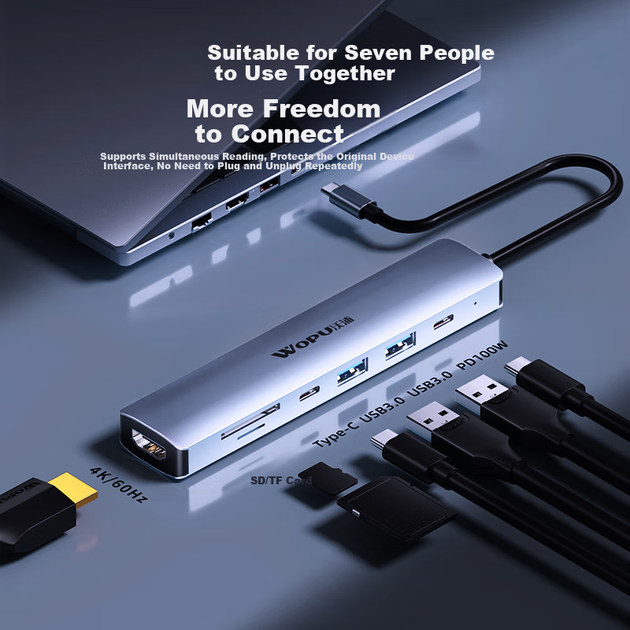 Док-станция расширения WOPU Type-C — HDMI, адаптер-концентратор USB-C, устройство чтения SD/TF карт с частотой обновления 4K60 Гц, 7-дюймовый разветвитель, совместим с компьютерами Apple MacBook и Huawei. - изображение 4