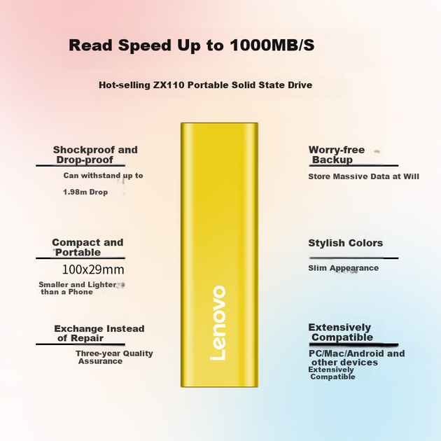 Портативний твердотільний накопичувач Lenovo 1 ТБ NVMe 1000 Мбіт/с, Xiaojintiao ZX110, Type-C USB 3.2, подвійний інтерфейс, пряме підключення до телефонів та ноутбуків, зовнішній - Фото 4 Портативний твердотільний накопичувач Lenovo 1 ТБ NVMe 1000 Мбіт/с, Xiaojintiao ZX110, Type-C USB 3.2, подвійний інтерфейс, пряме підключення до телефонів та ноутбуків, зовнішній - зображення 4