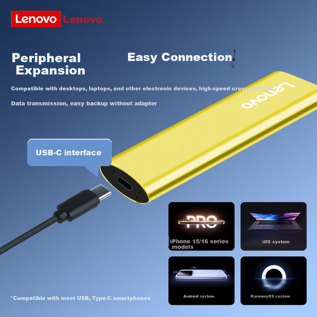 Портативний твердотільний накопичувач Lenovo 1 ТБ NVMe 1000 Мбіт/с, Xiaojintiao ZX110, Type-C USB 3.2, подвійний інтерфейс, пряме підключення до телефонів та ноутбуків, зовнішній - Фото 5 Портативний твердотільний накопичувач Lenovo 1 ТБ NVMe 1000 Мбіт/с, Xiaojintiao ZX110, Type-C USB 3.2, подвійний інтерфейс, пряме підключення до телефонів та ноутбуків, зовнішній - зображення 5