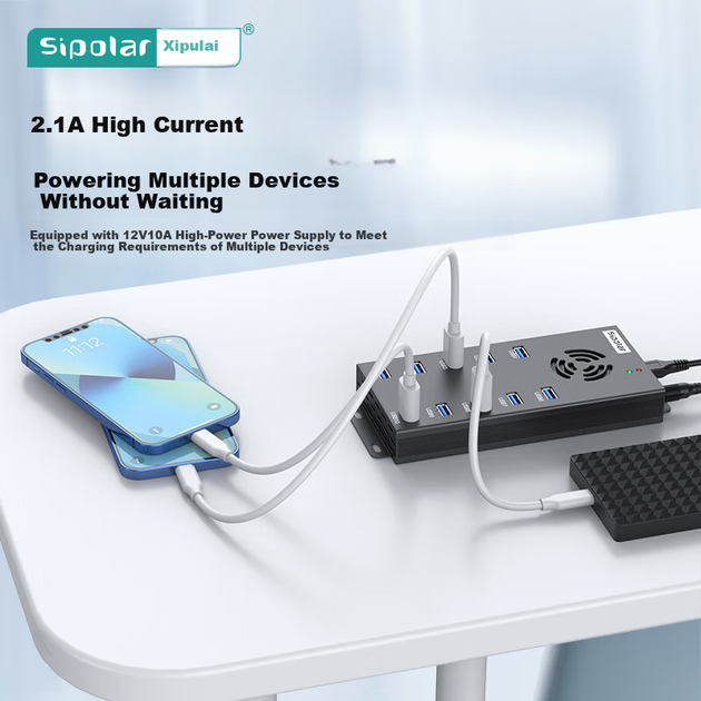 Док-станція розширення SIPOLAR USB 3.0 із зарядкою, високошвидкісний 120-ватний 10-портовий промисловий концентратор A-423 (1 метр) для заряджання телефонів та планшетів, масове прошивання, один порт 2.1A - зображення 6