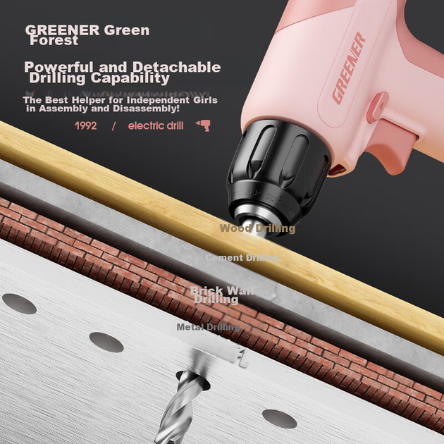 Ручная дрель GREENER Pink Diamond 7.2v для женщин, домашняя дрель-пистолет на литиевой батарее, роторное сверление отверстий 7.2v - изображение 6