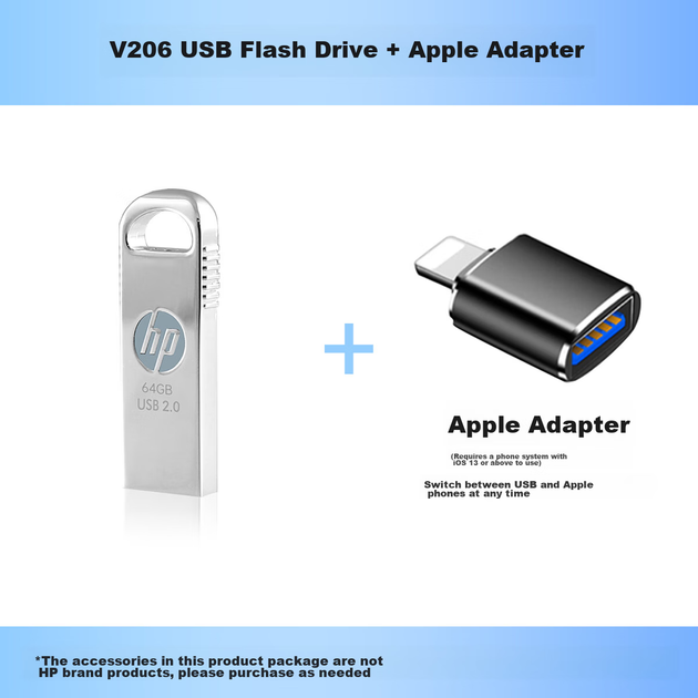 Флеш-накопичувач HP 64 ГБ USB 2.0 з адаптером Apple Lightning V206w, сріблястий метал, міні-накопичувач для бізнесу - изображение 5