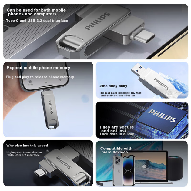 Флеш-накопичувач PHILIPS 32 ГБ Type-C USB 3.2 з двома інтерфейсами для телефону, металевий обертовий, високошвидкісний, для читання/запису, міцний USB-накопичувач для бізнесу, офісу та навчання - Фото 4 Флеш-накопичувач PHILIPS 32 ГБ Type-C USB 3.2 з двома інтерфейсами для телефону, металевий обертовий, високошвидкісний, для читання/запису, міцний USB-накопичувач для бізнесу, офісу та навчання - изображение 4