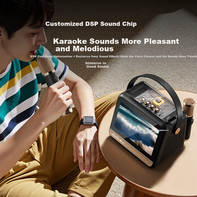 Soaiy GC520Pro+ Плавающая колонка с текстом песни, Bluetooth-микрофон для караоке, универсальный беспроводной микрофон для детей, использования на открытом воздухе, дома, в караоке, подарок на день рождения для мужчин и женщин - черно-золотой - изображение 6